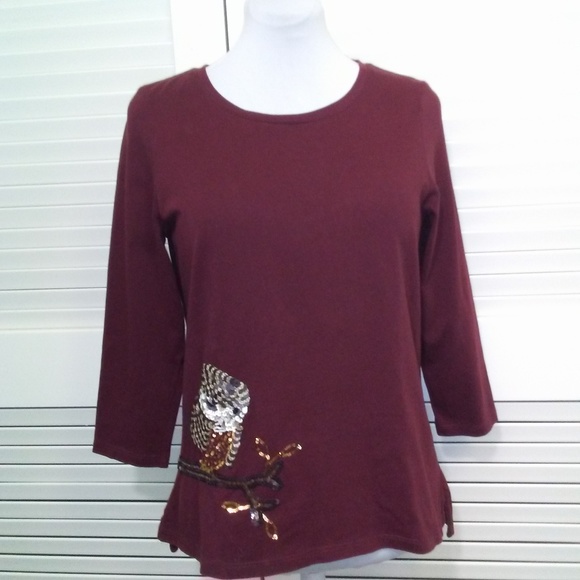 Talbots Tops - Talbots Long Sleeve Tee with Sequin Owl Detail